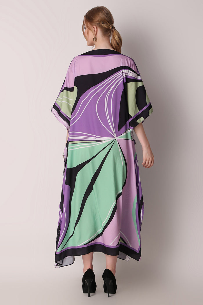 Rabiya - Noha - Multicolor Abstract Digital Print Boat Neck Kaftan Dress