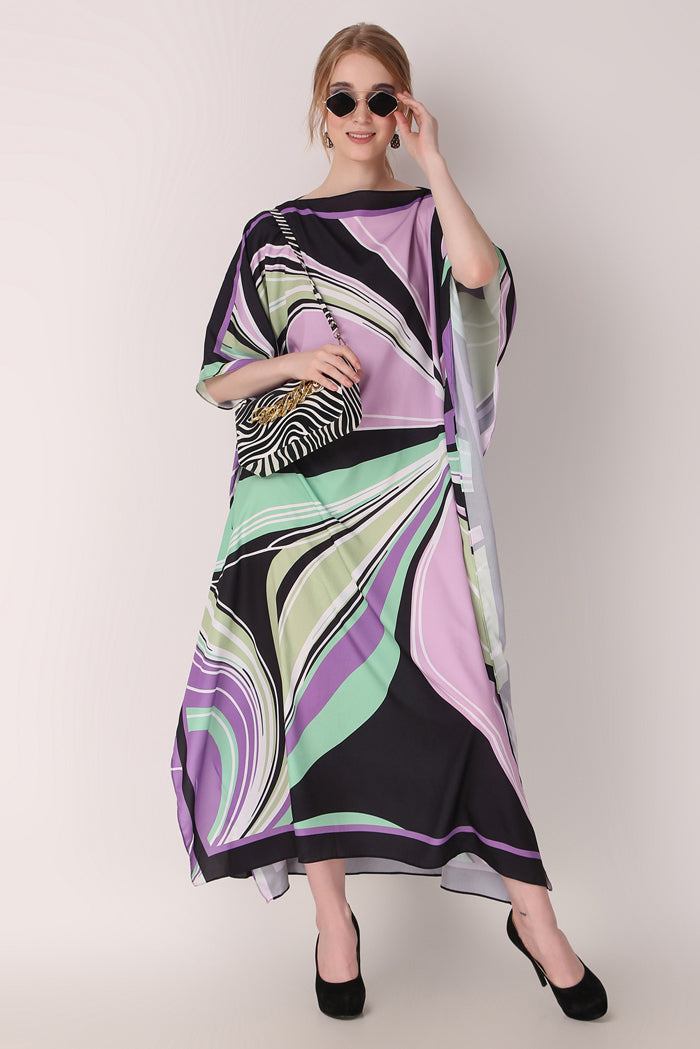 Rabiya - Noha - Multicolor Abstract Digital Print Boat Neck Kaftan Dress