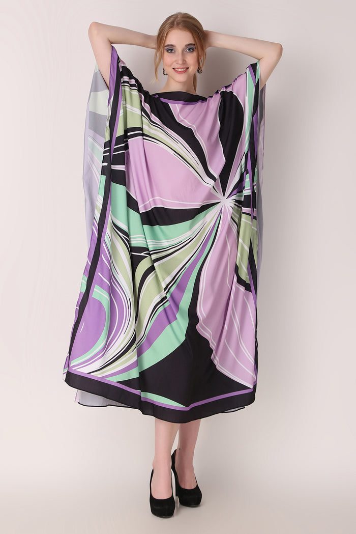 Rabiya - Noha - Multicolor Abstract Digital Print Boat Neck Kaftan Dress