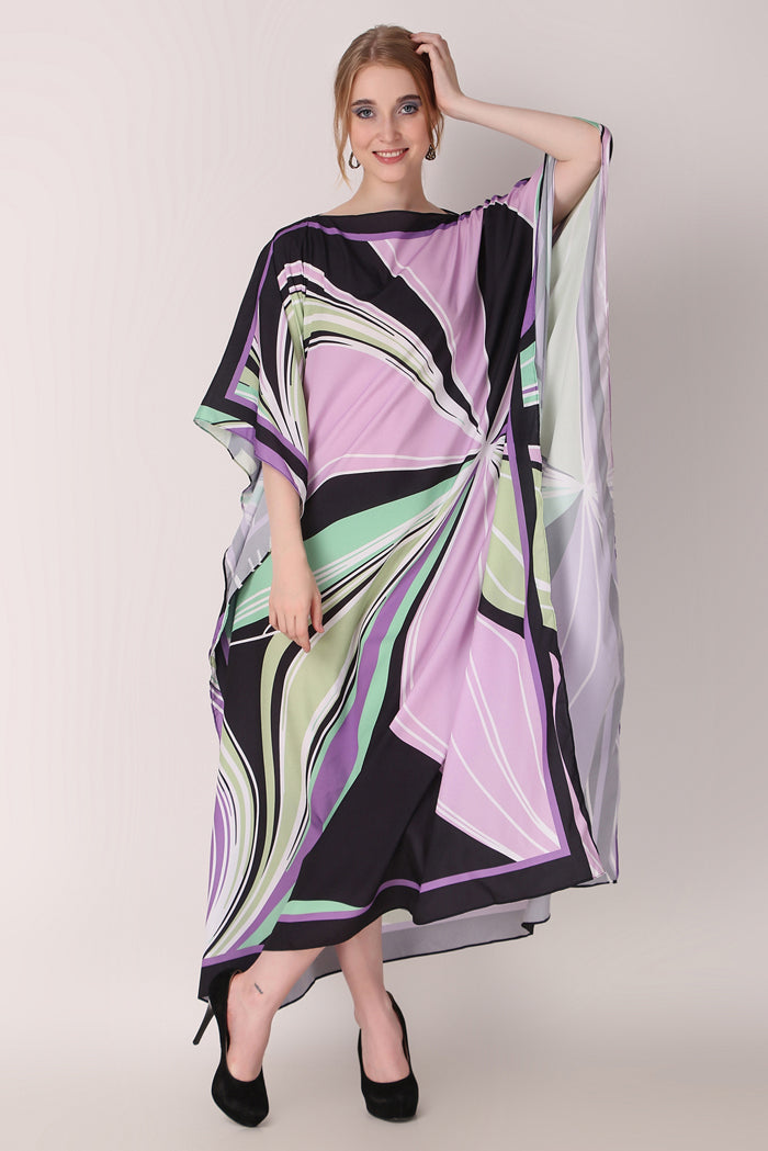 Rabiya - Noha - Multicolor Abstract Digital Print Boat Neck Kaftan Dress