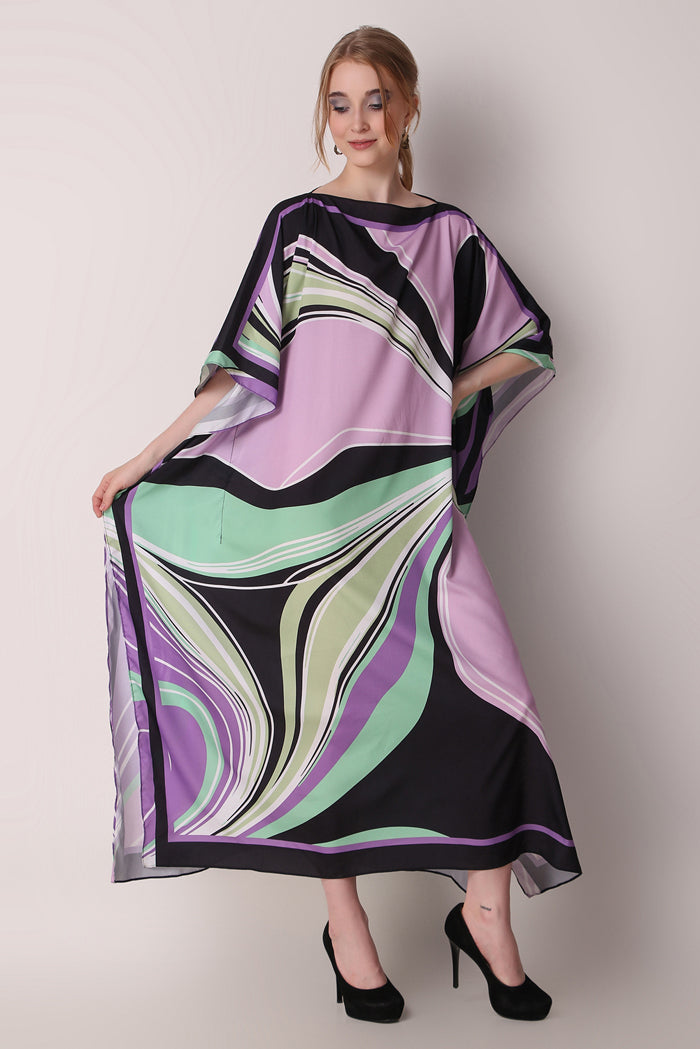 Rabiya - Noha - Multicolor Abstract Digital Print Boat Neck Kaftan Dress