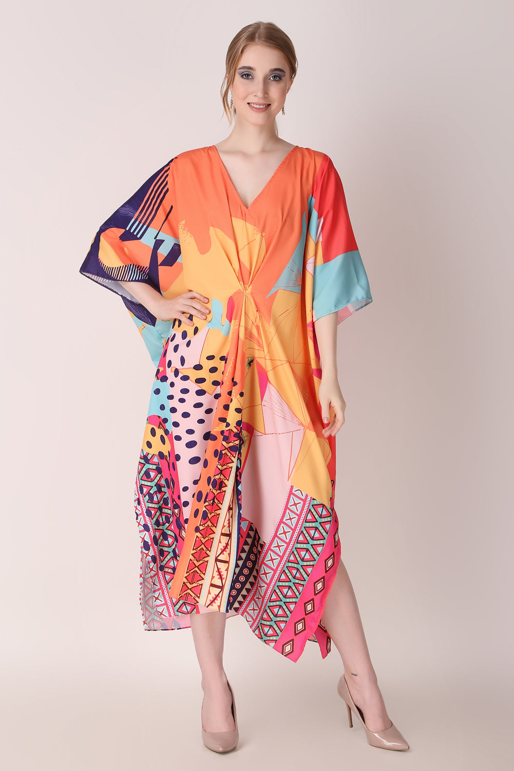 Rabiya - Noha - Orange Multicolor Abstract Kaftan Dress