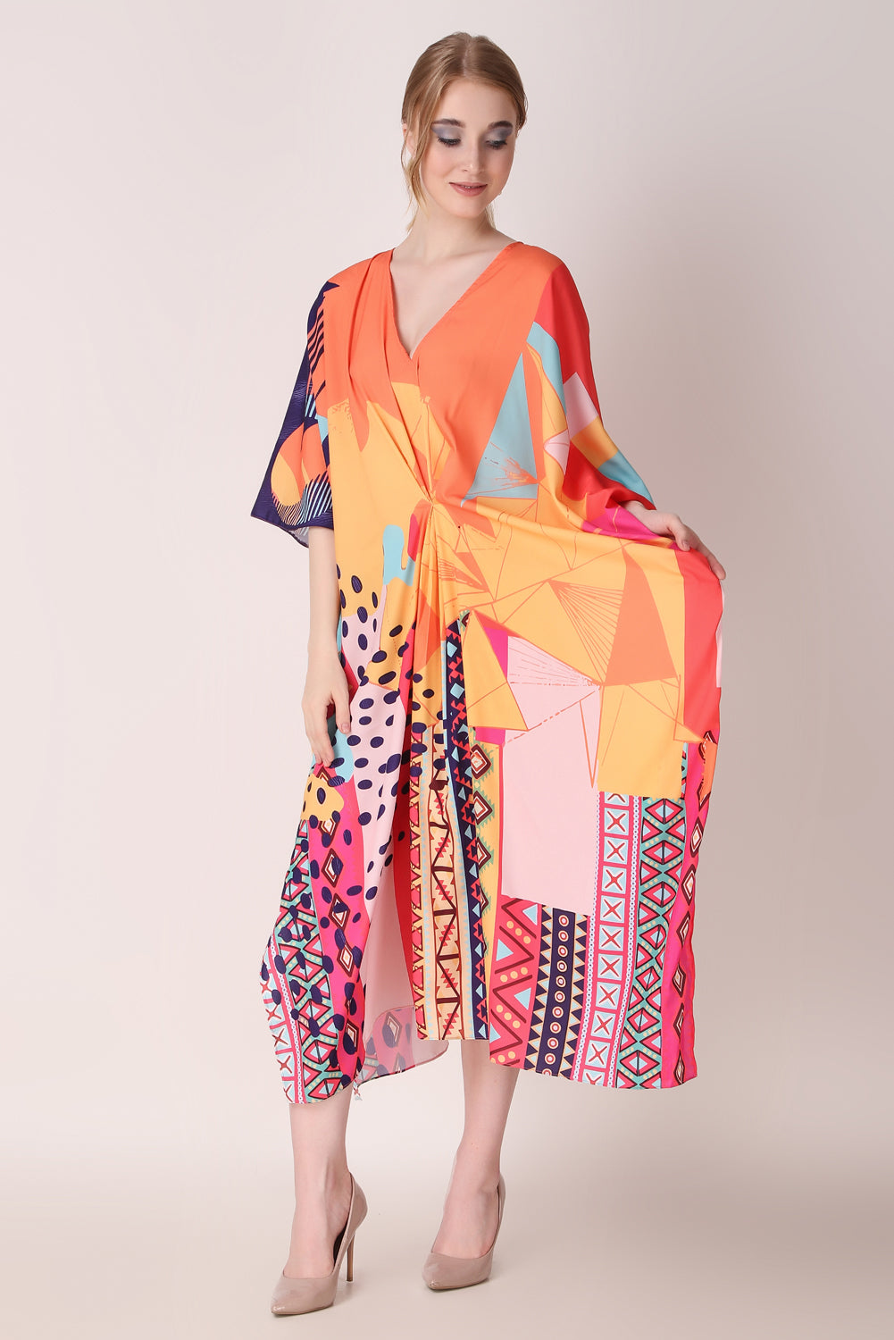 Rabiya - Noha - Orange Multicolor Abstract Kaftan Dress