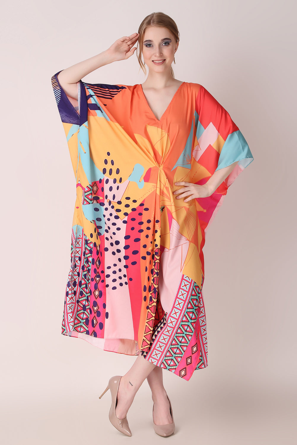 Rabiya - Noha - Orange Multicolor Abstract Kaftan Dress