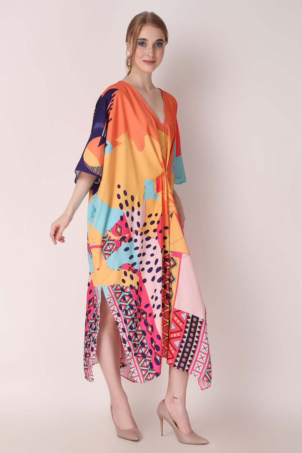 Rabiya - Noha - Orange Multicolor Abstract Kaftan Dress