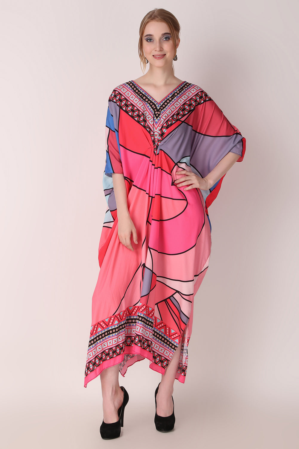 Rabiya - Noha - Hot Pink Multicolor Abstract Kaftan Dress