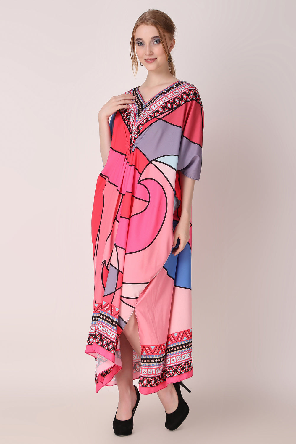 Rabiya - Noha - Hot Pink Multicolor Abstract Kaftan Dress