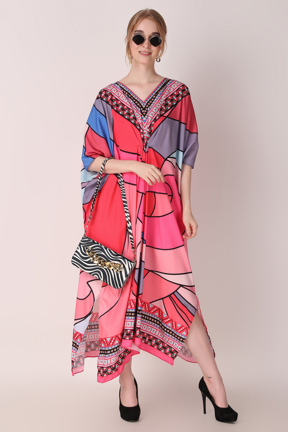 Rabiya - Noha - Hot Pink Multicolor Abstract Kaftan Dress