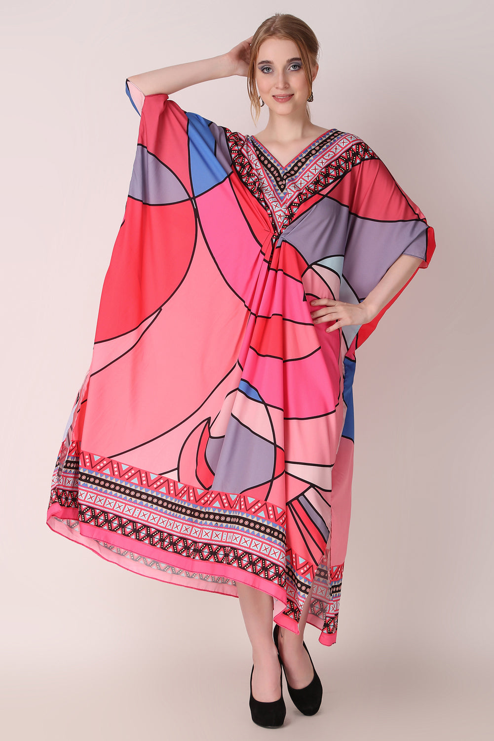 Rabiya - Noha - Hot Pink Multicolor Abstract Kaftan Dress