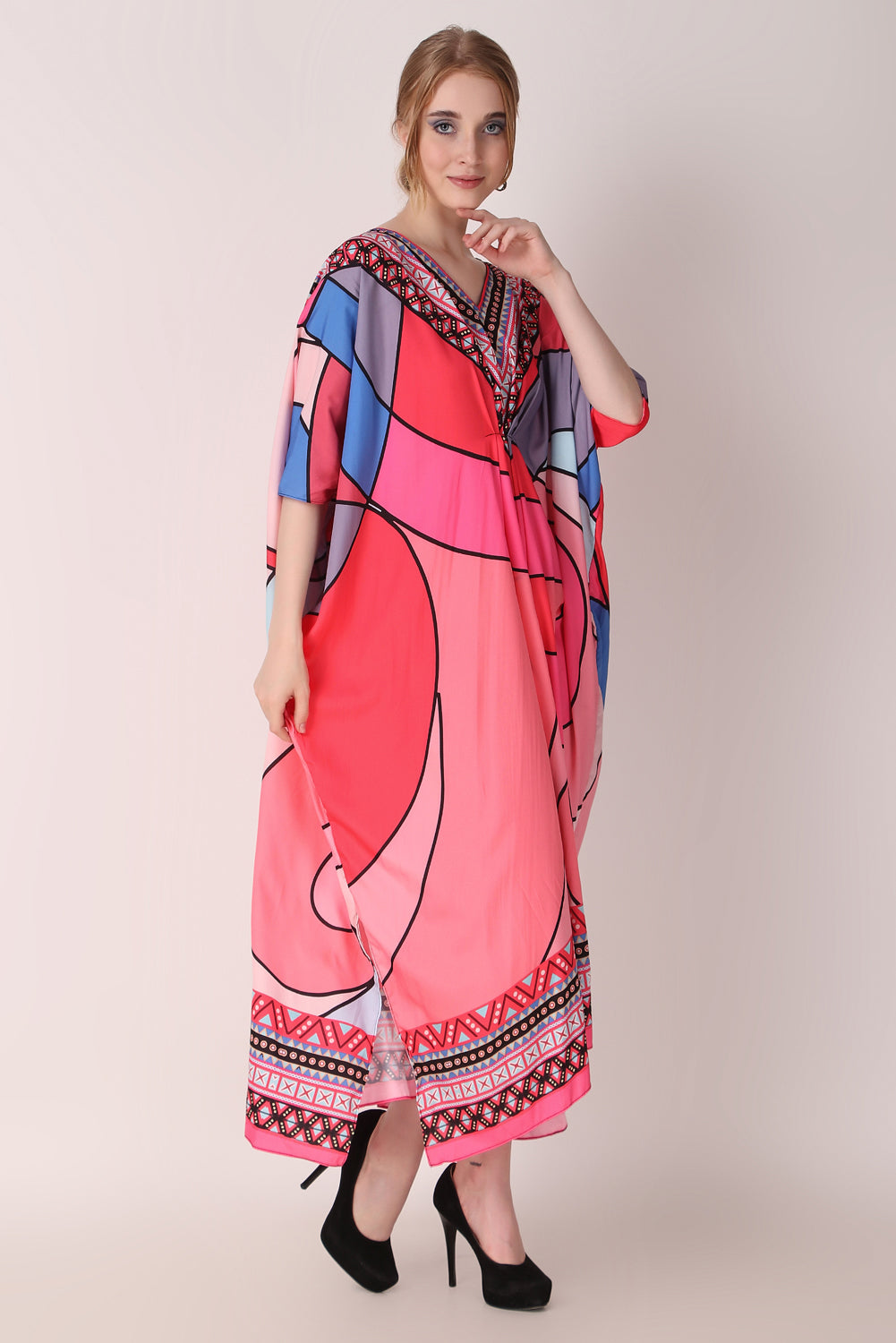 Rabiya - Noha - Hot Pink Multicolor Abstract Kaftan Dress