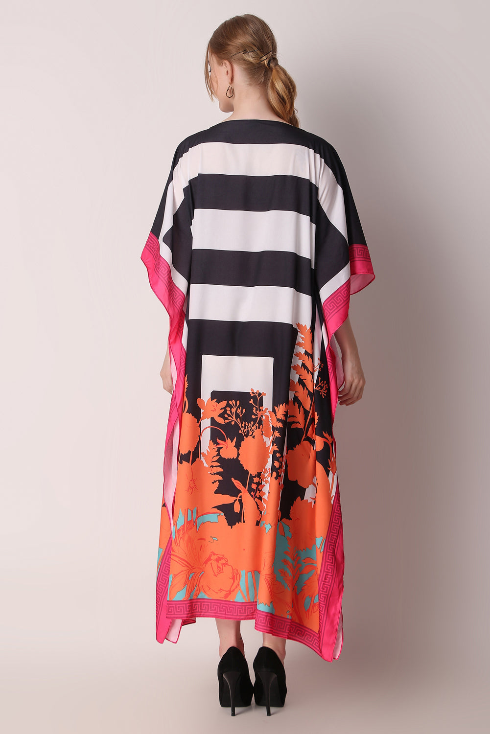 Rabiya - Noha - Black White Stripe Abstract Kaftan Dress