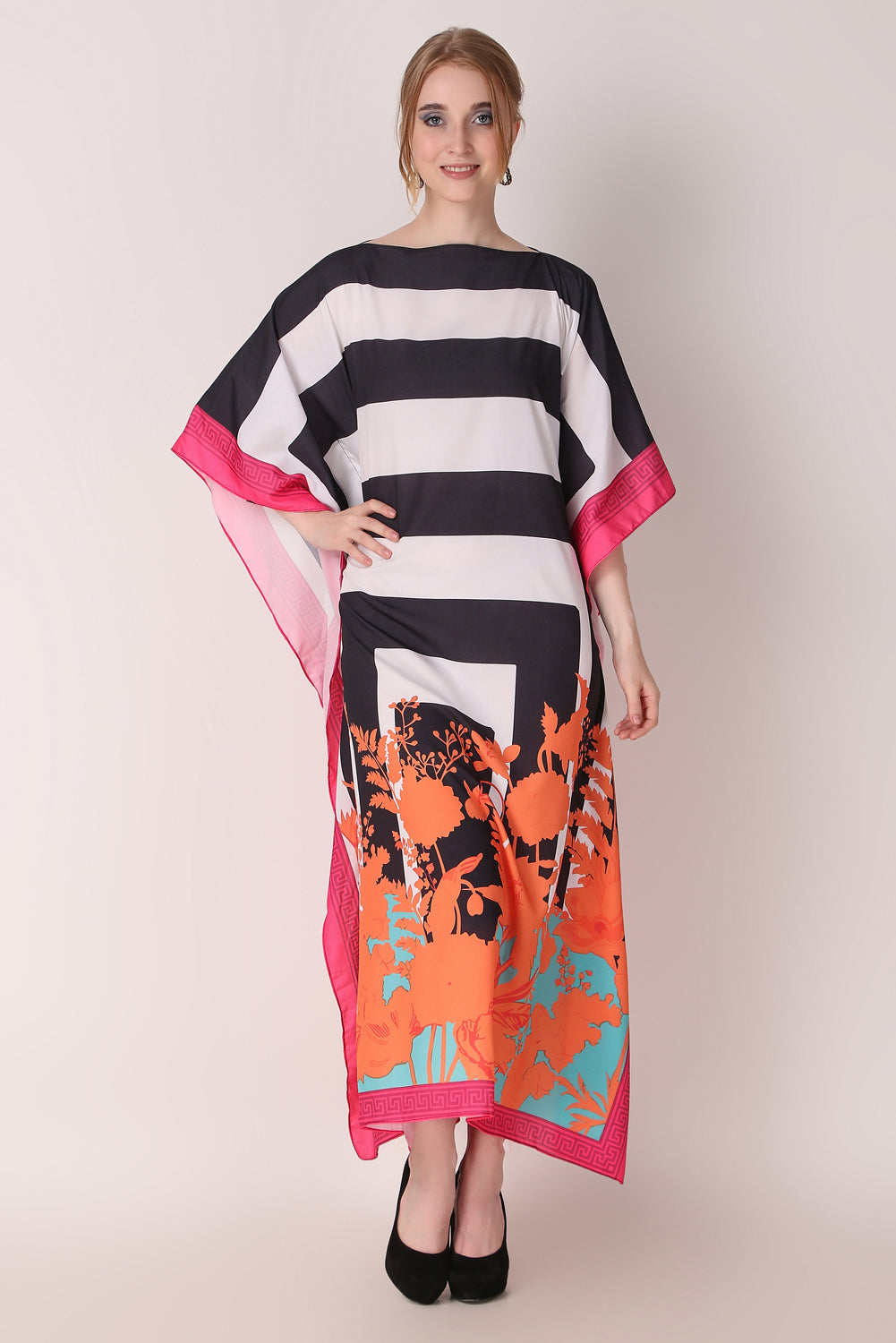 Rabiya - Noha - Black White Stripe Abstract Kaftan Dress