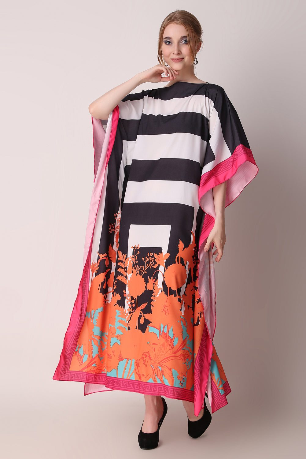 Rabiya - Noha - Black White Stripe Abstract Kaftan Dress