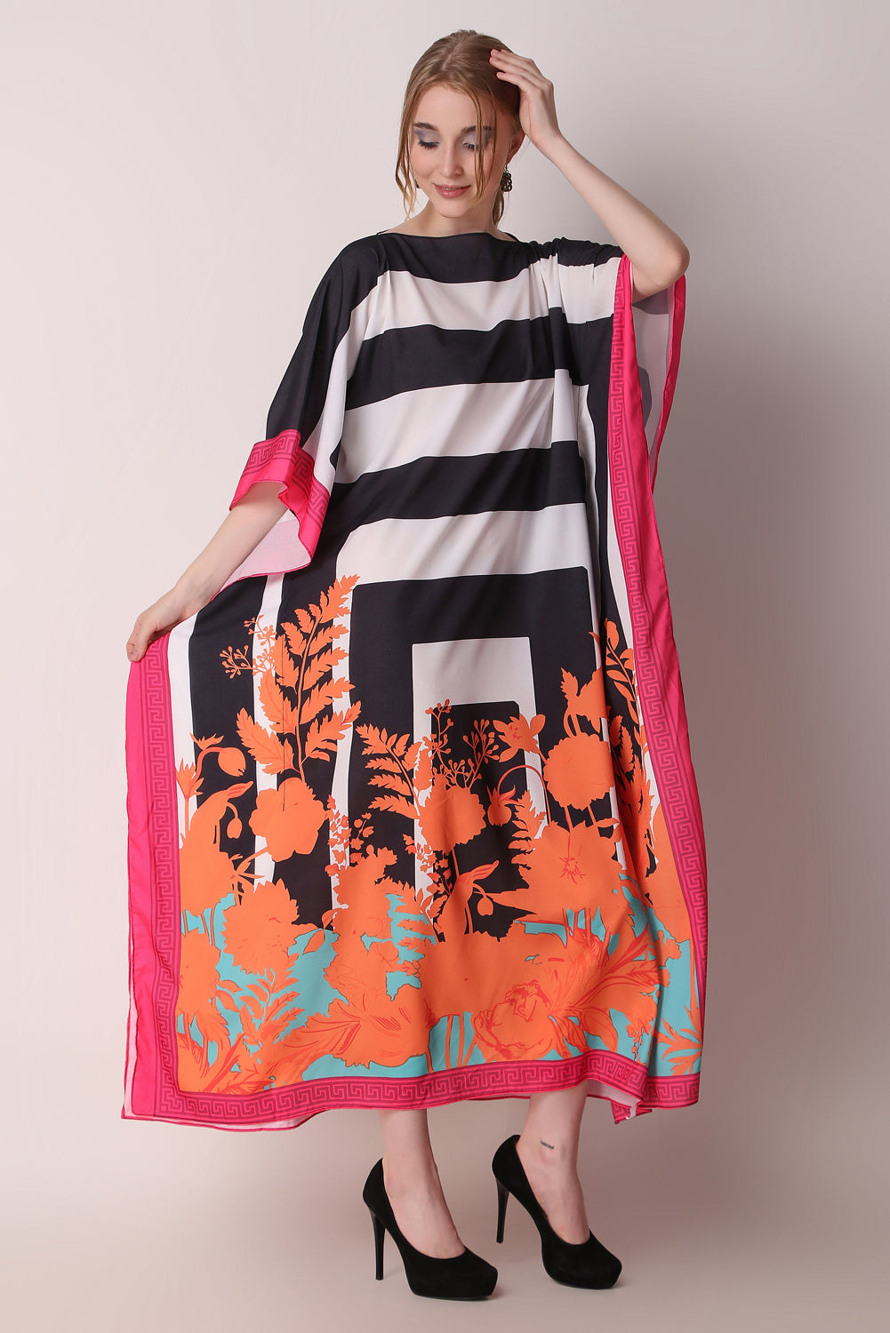 Rabiya - Noha - Black White Stripe Abstract Kaftan Dress