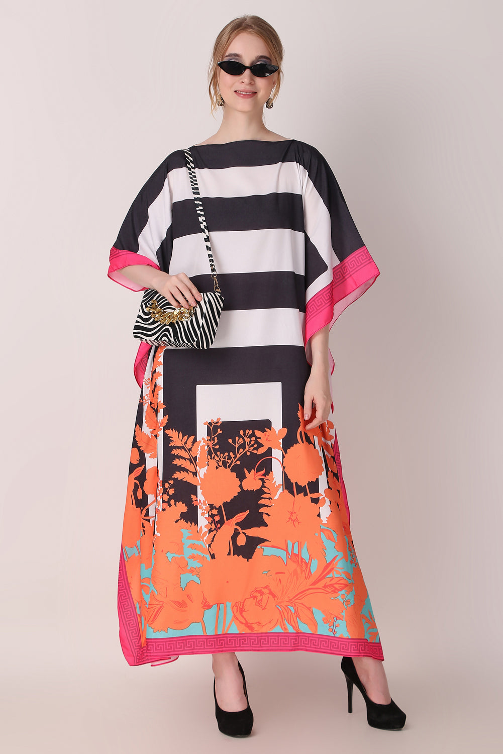 Rabiya - Noha - Black White Stripe Abstract Kaftan Dress