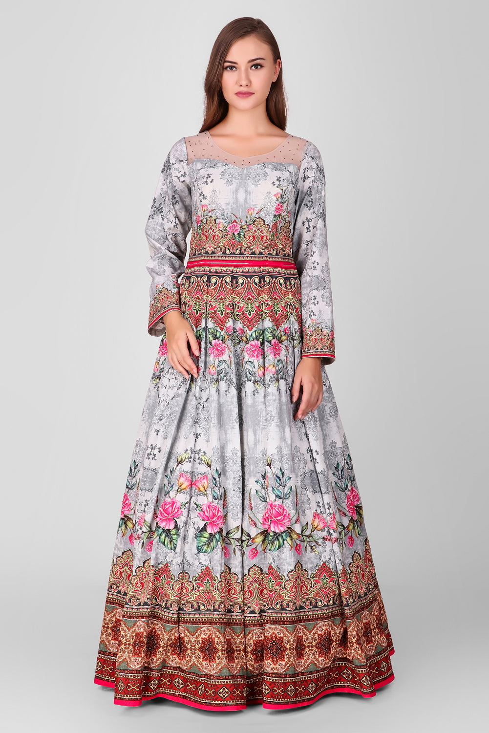 Suzano- Women - Row Silk Printed Gown Lehenga With Embroidery