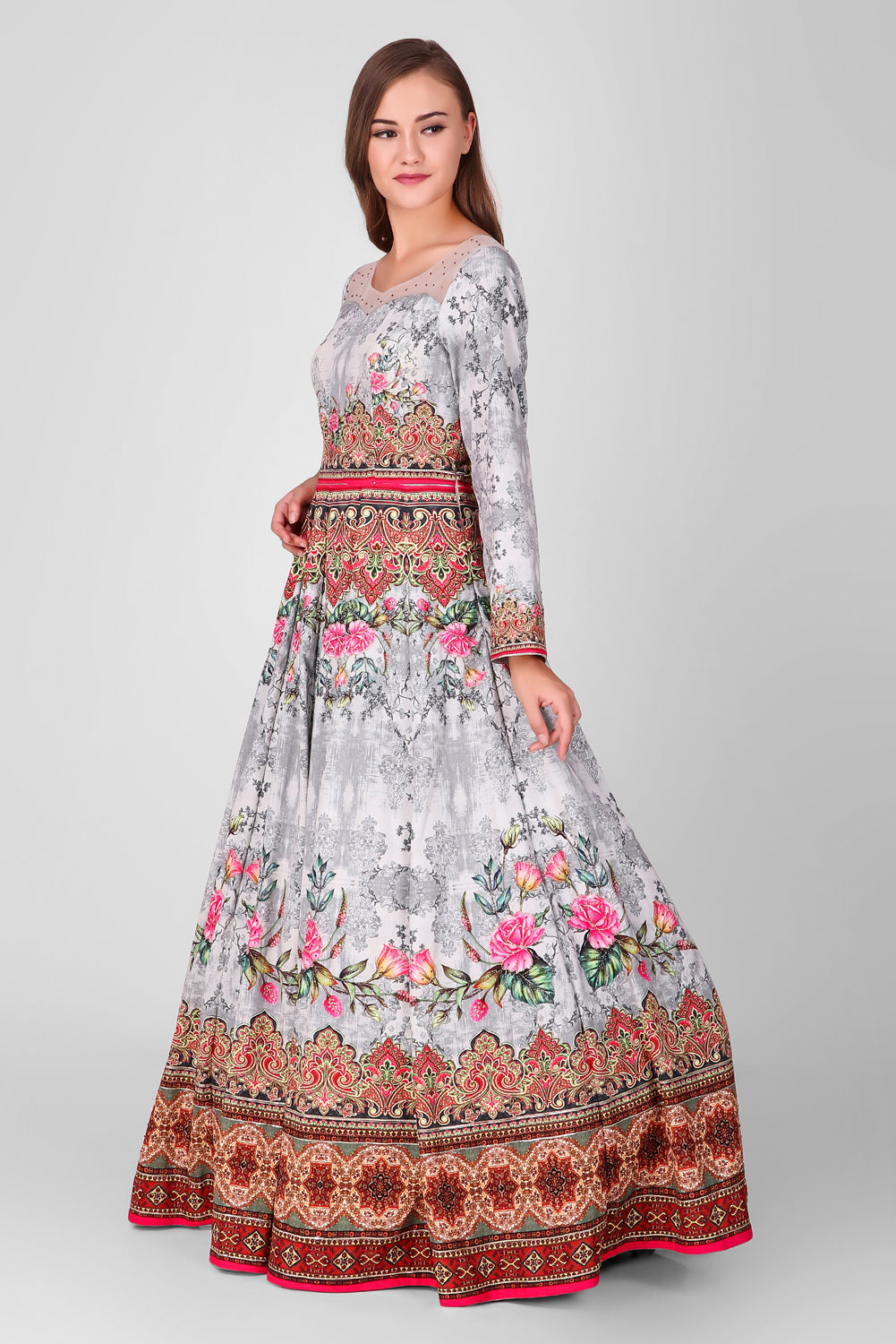 Suzano- Women - Row Silk Printed Gown Lehenga With Embroidery