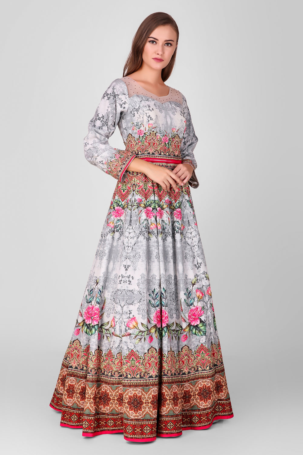 Suzano- Women - Row Silk Printed Gown Lehenga With Embroidery