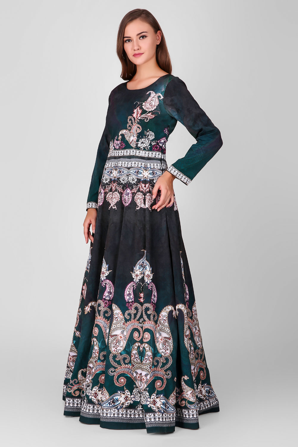 Suzano- Women - Row Silk Printed Gown Lehenga With Embroidery