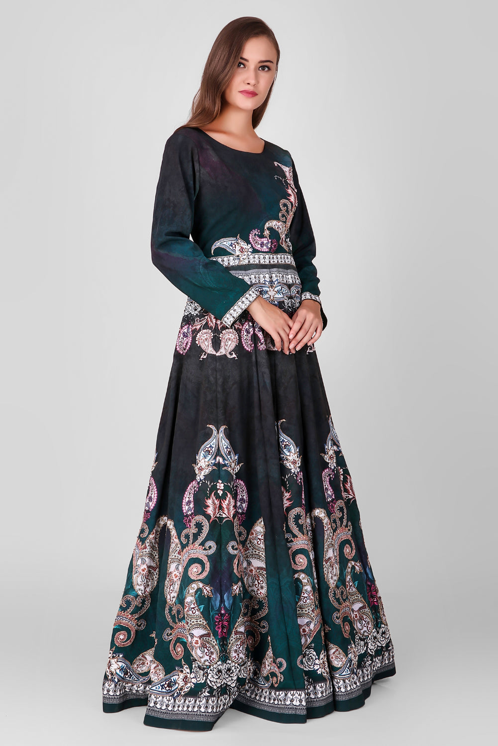 Suzano- Women - Row Silk Printed Gown Lehenga With Embroidery