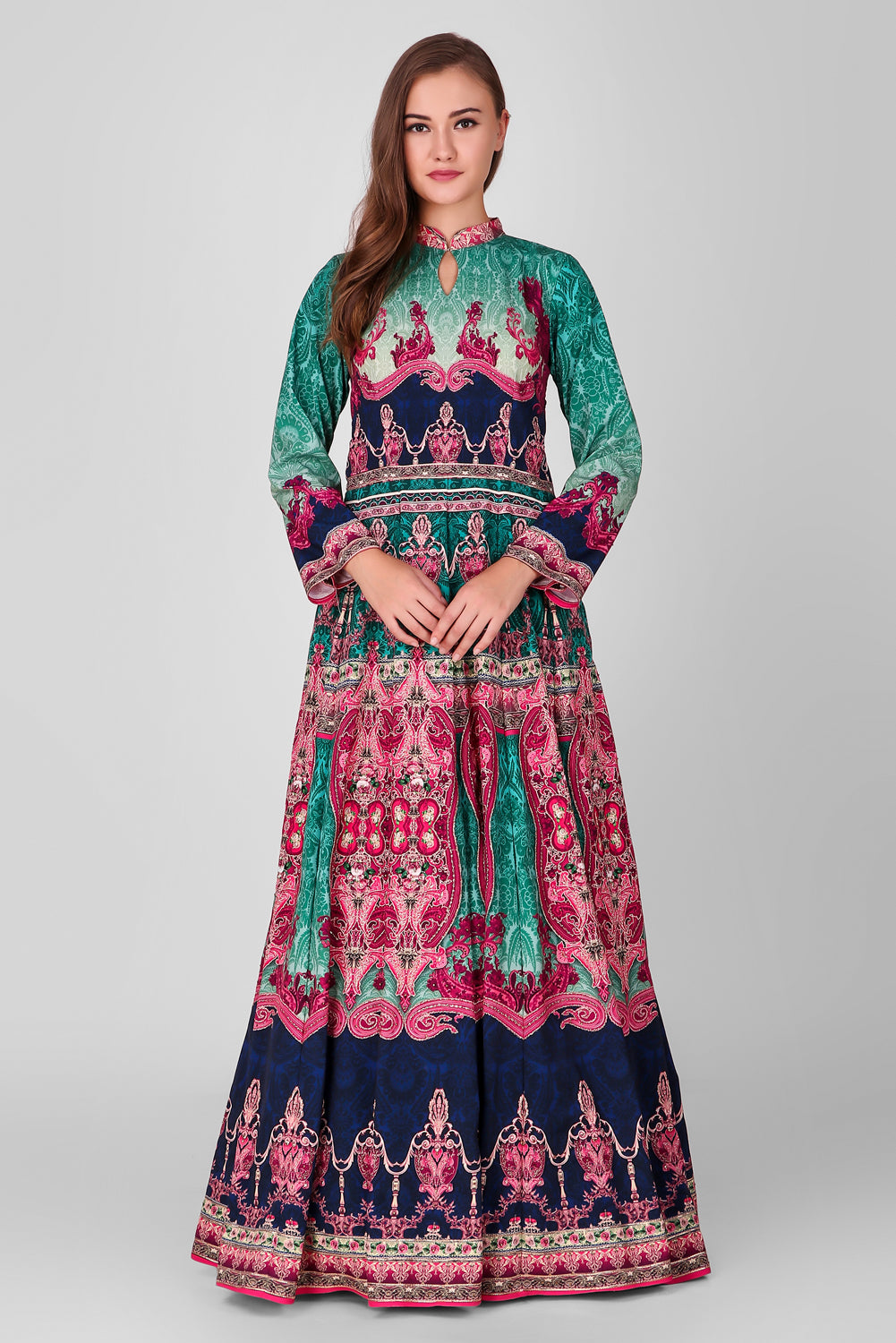 Suzano- Women - Row Silk Printed Gown Lehenga With Embroidery