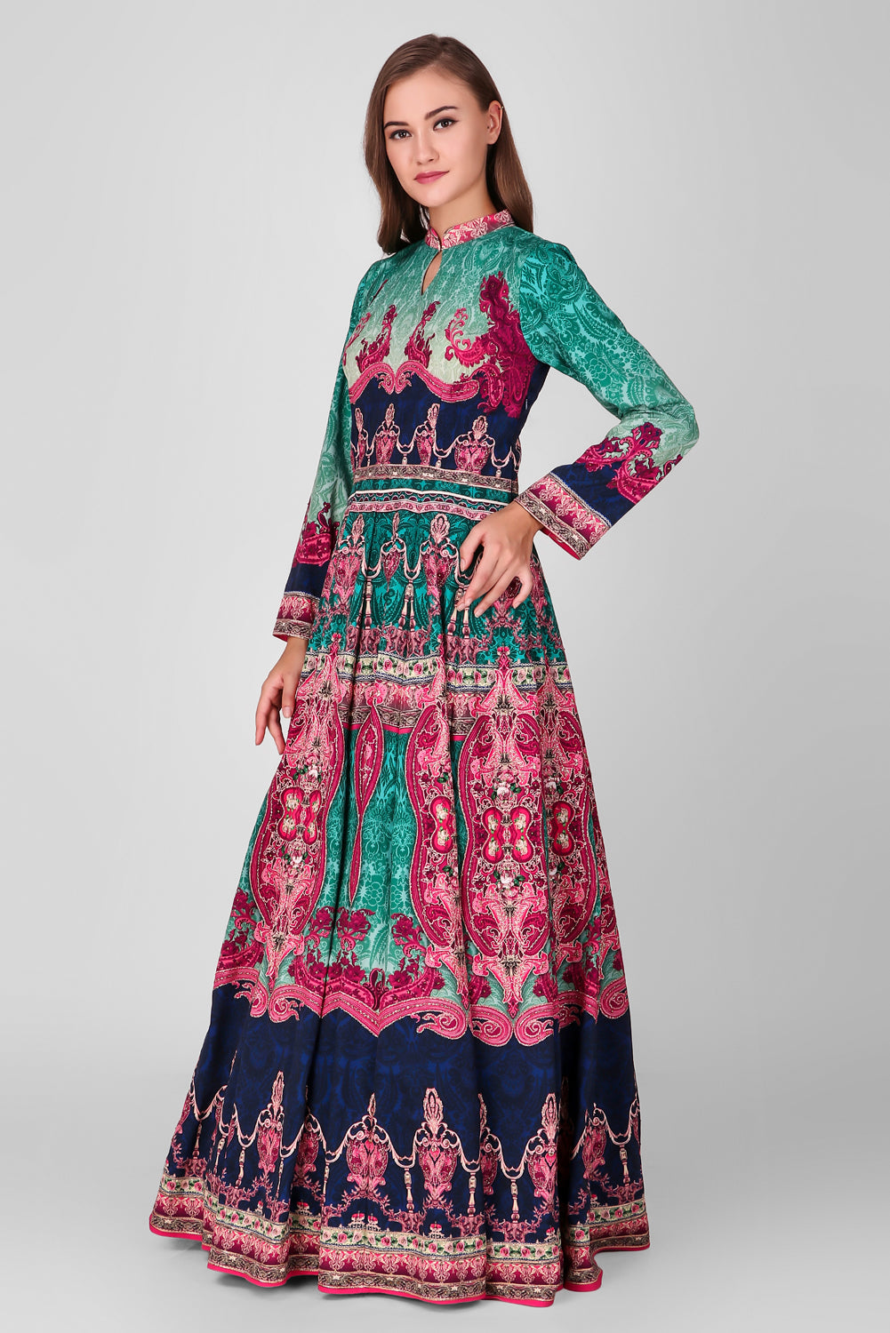 Suzano- Women - Row Silk Printed Gown Lehenga With Embroidery