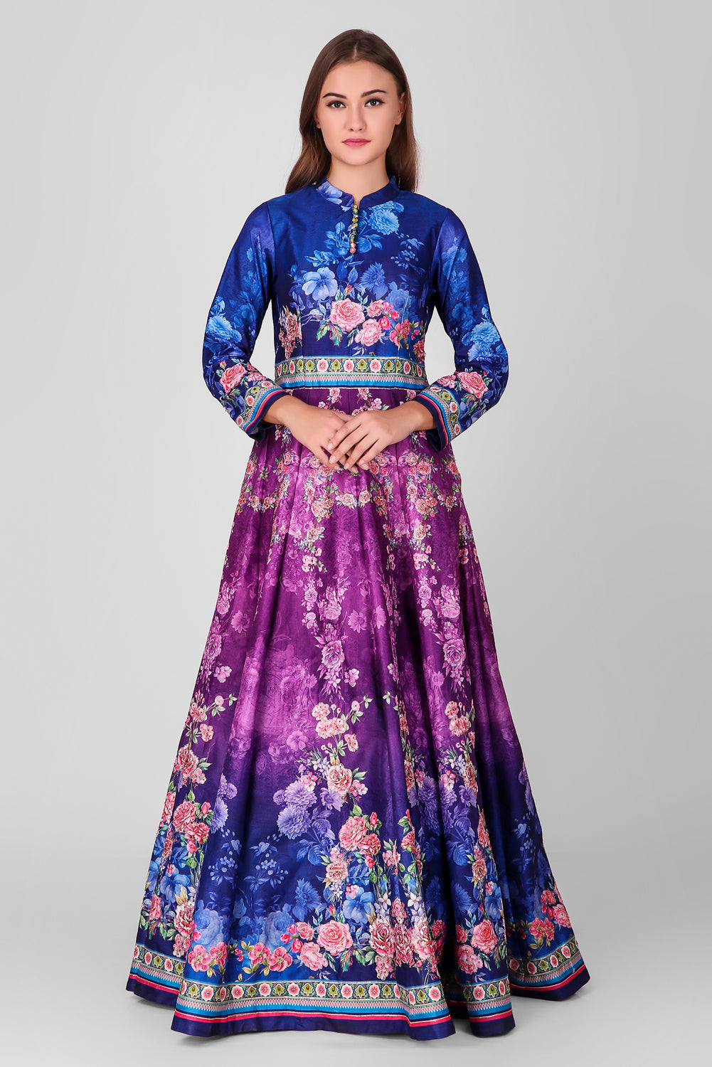 Suzano- Women - Row Silk Printed Gown Lehenga With Embroidery