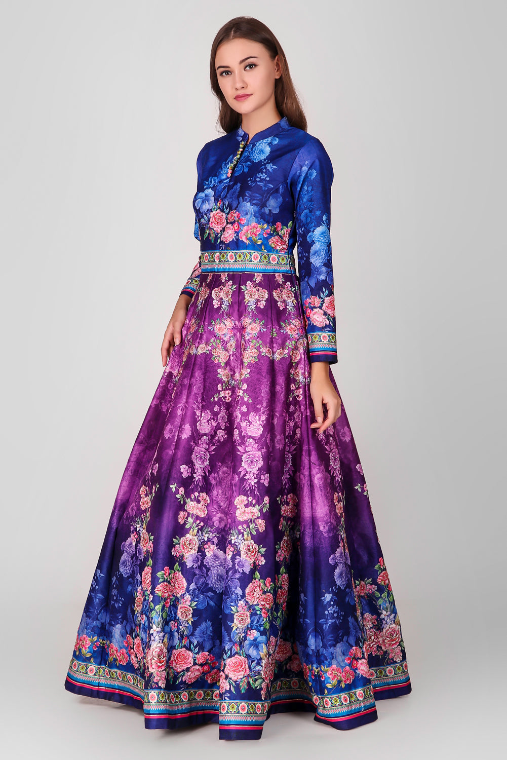 Suzano- Women - Row Silk Printed Gown Lehenga With Embroidery