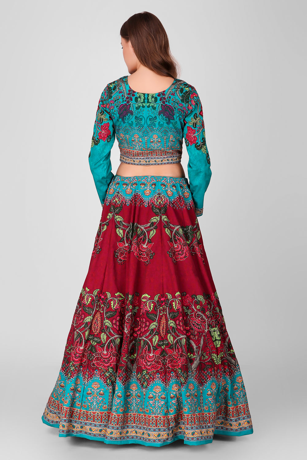 Suzano- Women - Row Silk Printed Red And Blue Lehenga With Embroidery