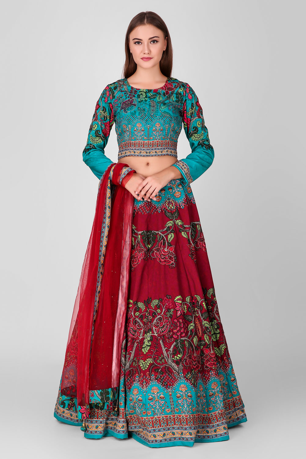 Suzano- Women - Row Silk Printed Red And Blue Lehenga With Embroidery