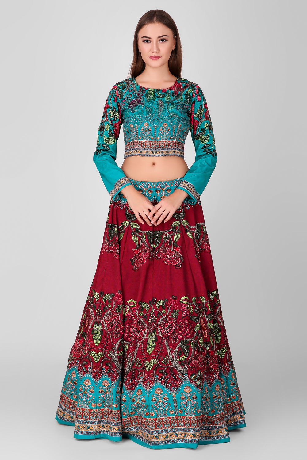 Suzano- Women - Row Silk Printed Red And Blue Lehenga With Embroidery