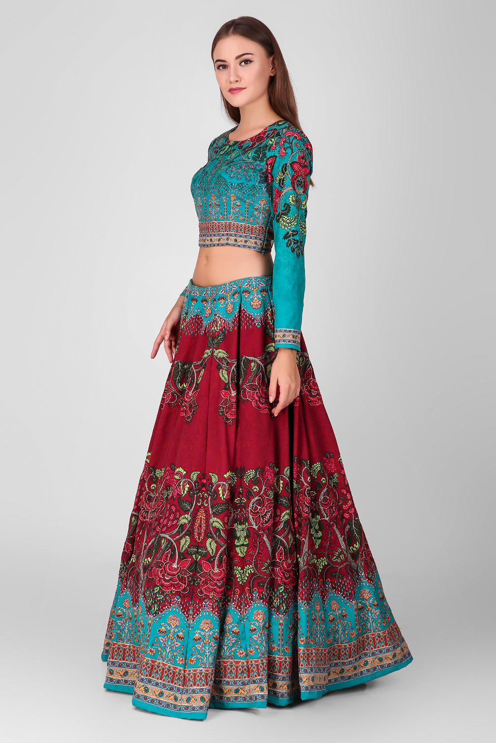 Suzano- Women - Row Silk Printed Red And Blue Lehenga With Embroidery