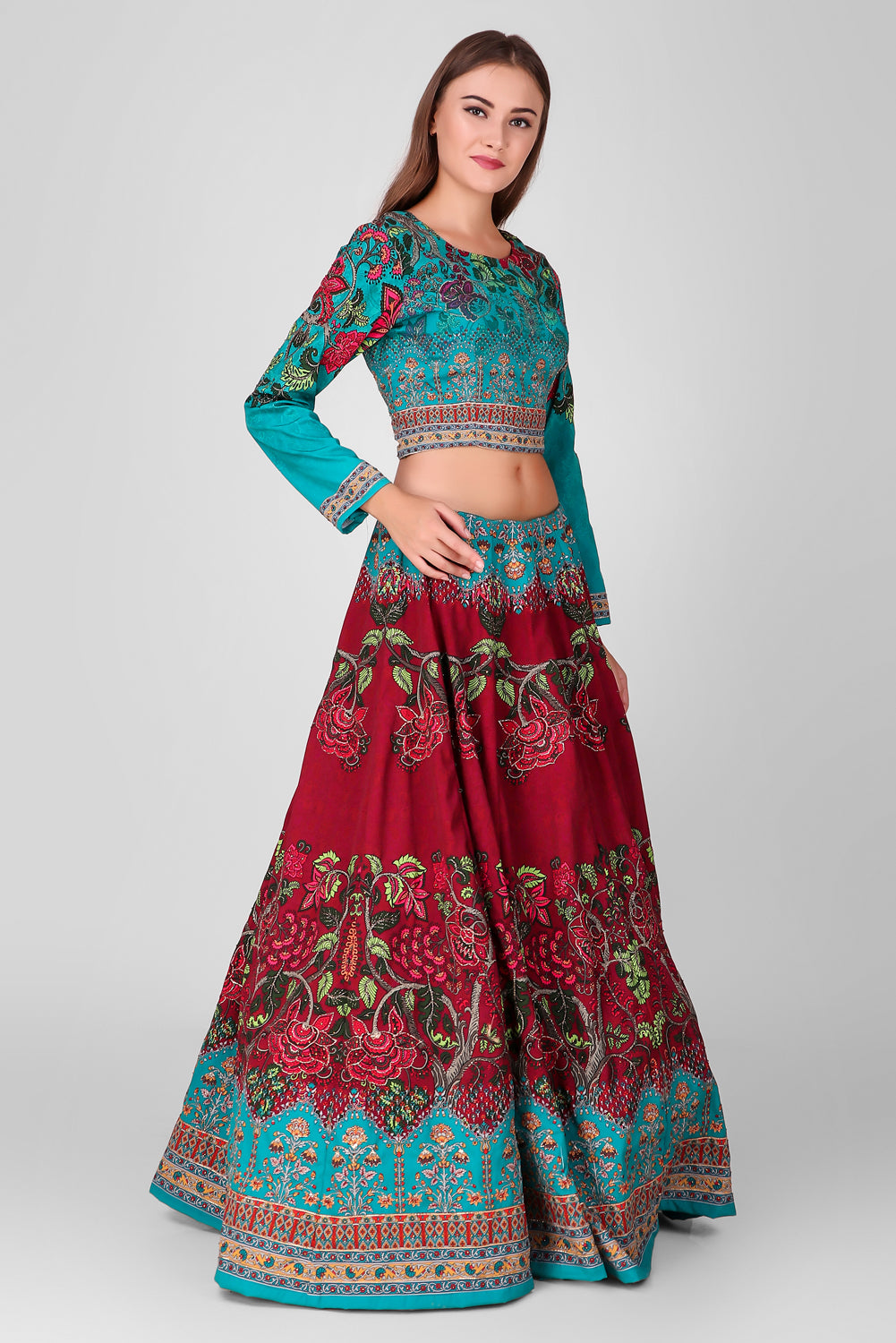 Suzano- Women - Row Silk Printed Red And Blue Lehenga With Embroidery